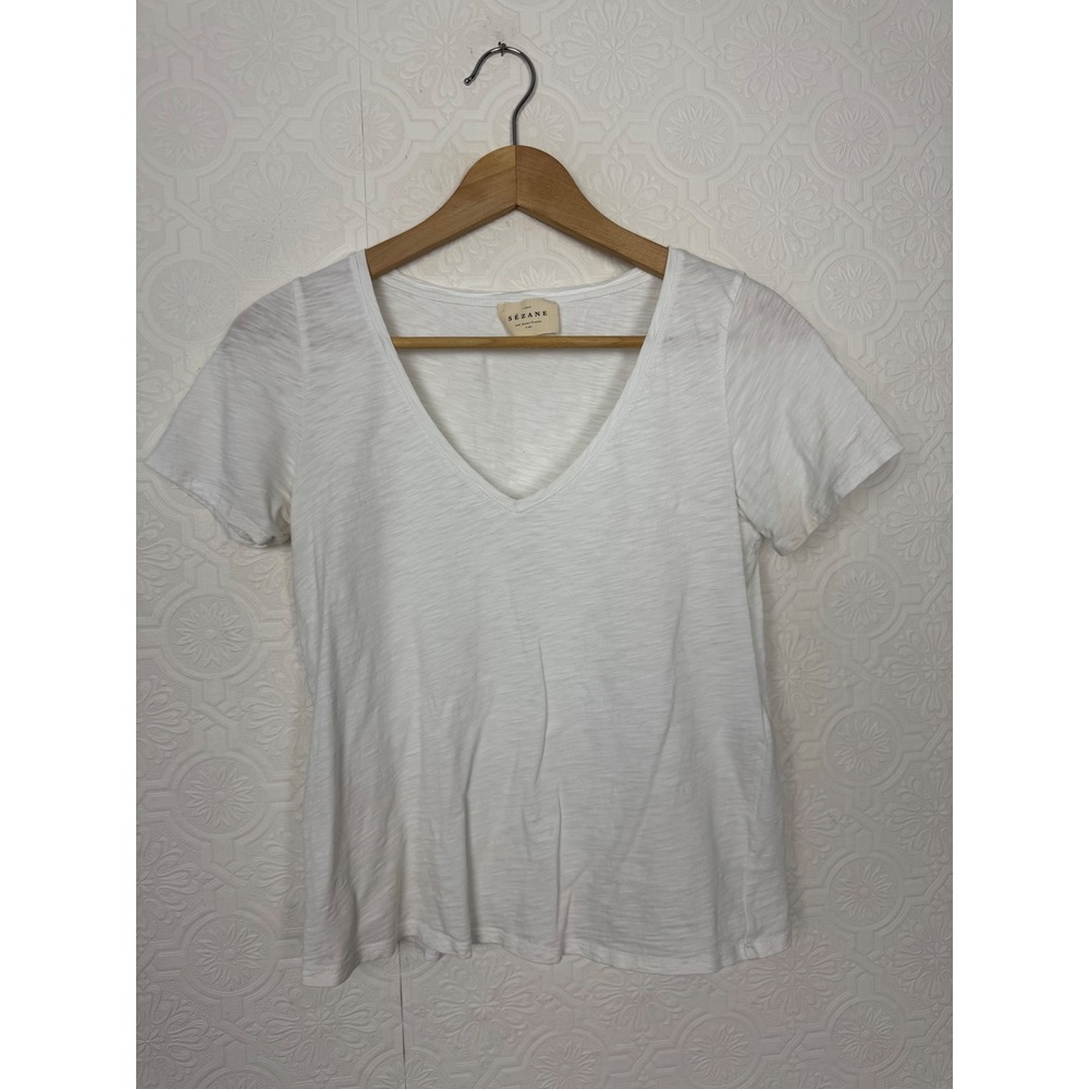 Sezane Conrad T-shirt White Organic Cotton Slub V-Neck Tee Small S201TSH016E
